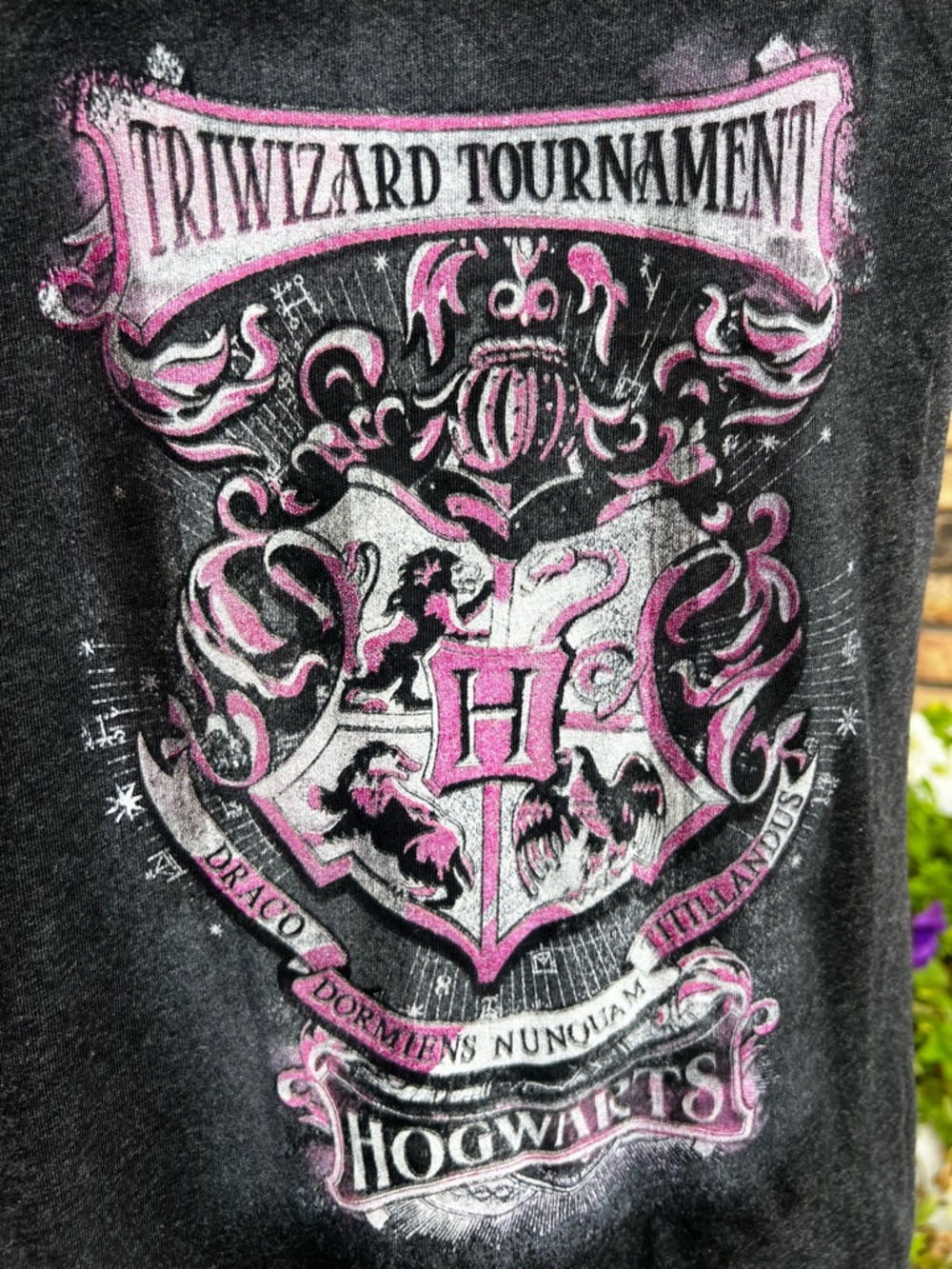Next Level Apparel Charcoal Tank Top with Pink Hogwarts Crest - Picture 3 of 5